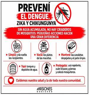 Prevení el dengue, zika y chikungunya: eliminá recipientes con agua, limpiá patios y tapá los tanques. Ministerio de Salud Pública de Misiones.
